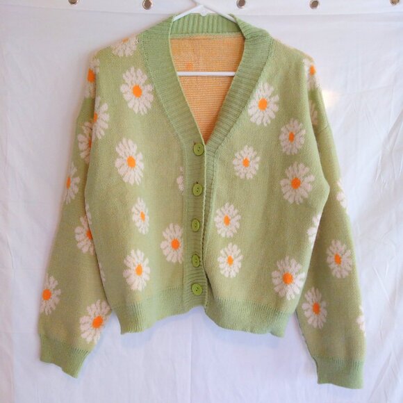 Sweaters - Green Daisy Cropped Knit Cardigan Sweater L Cottagecore Coquette Y2K Soft Girl